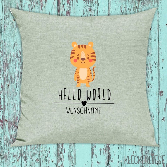 kleckerliese Kissen mit Wunschname "Hello World Tiger Wunschname" Kissenhülle Deko Sofa Hülle Kissenbezug