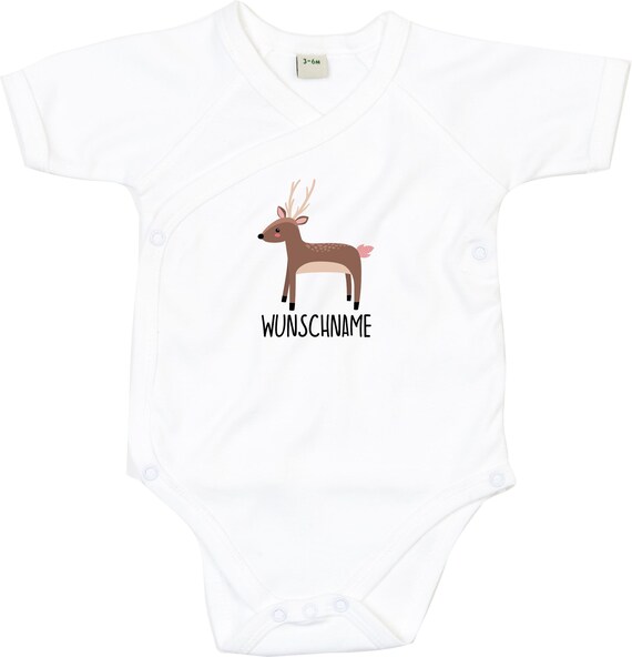 kleckerliese Wickel Baby Body "Wunschname Reh" Babybody Strampler Wickelbody Organic Kimono Kurzarm