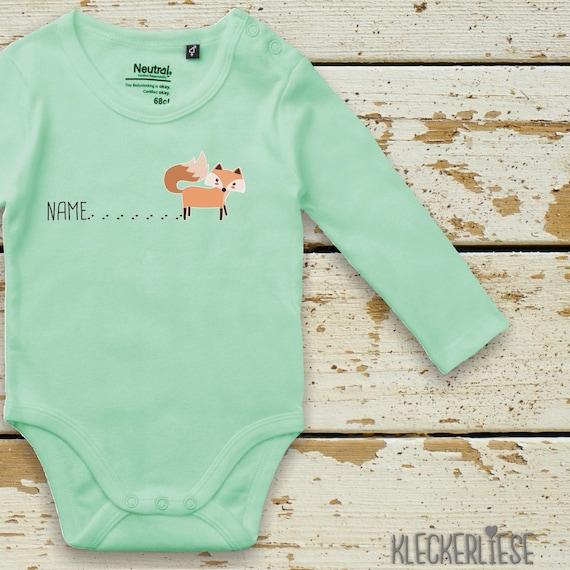 Long-sleeved body baby bodysuit "Desired name Fox with trace name Fox" with individual animals nature forest meadow" with desired name Fair Wear Bio Organic