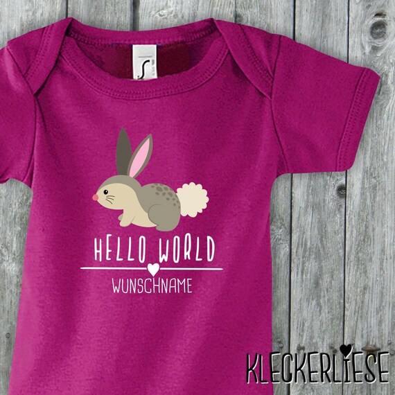 Baby Body mit Wunschname "Hello World Hase Wunschname" Babybody Strampler Jungen Mädchen