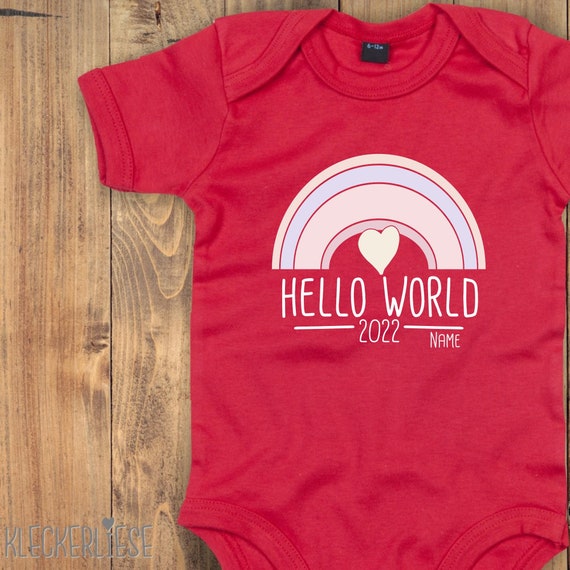Baby Body mit Wunschtext "Hello World 2022 Regenbogen Wunschname" Babybody Strampler Jungen Mädchen Kurzarm