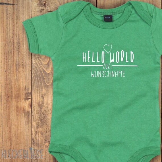 Baby Body mit Wunschtext "Hello World 2021 Wunschname" Babybody Strampler Jungen Mädchen Kurzarm