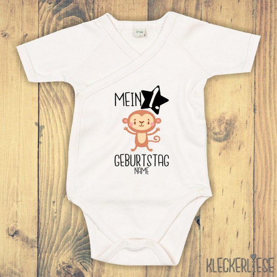 Wickelbody mit Wunschtext "Mein 1. Geburtstag Affe mit Wunschname" Babybody Strampler Wickelbody Organic Kimono Kurzarm Baby Body