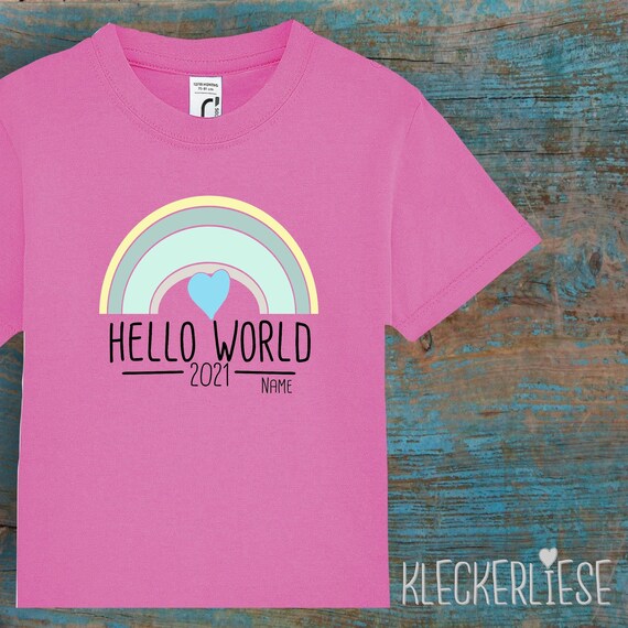 Kinder Baby Shirt mit Wunschname Kleinkind "Hello World 2021 Wunschname" T-Shirt Jungen Mädchen