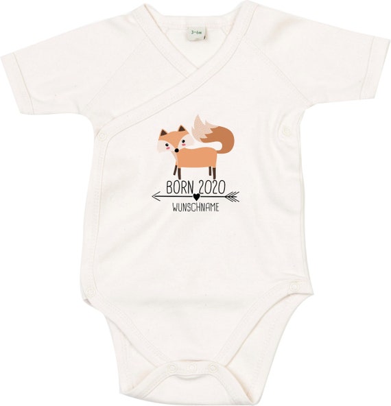 kleckerliese Wickel Baby Body "Born 2020 2021 2022 Tiermotiv Wunschname Name Text Fuchs" Wickelbody Organic Kimono Kurzarm