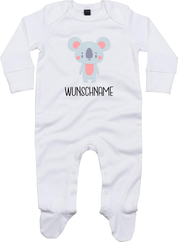 Kleckerliese Baby Schlafanzug mit Wunschnamen "Tiermotiv mit Wunschnamen Koala" Sleepsuit Langarm Jungen Mädchen Einteiler Strampler