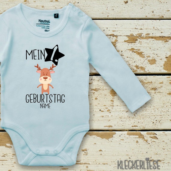 Langarm Body mit Wunschname Babybody "Mein 1. Geburtstag Elch mit Wunschname" Fair Wear Bio Organic