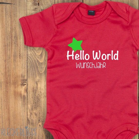 Baby Body mit Wunschtext "Hello World Stern Wunschjahr" Babybody Strampler Jungen Mädchen Kurzarm