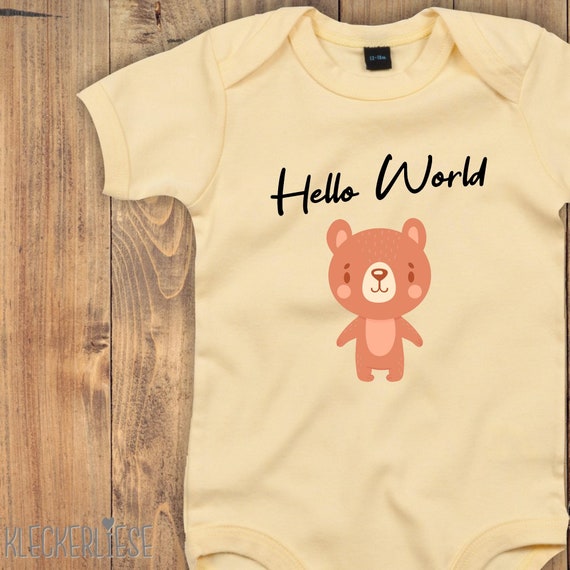 Baby Body "Hello World Bär" Babybody Strampler Jungen Mädchen Kurzarm