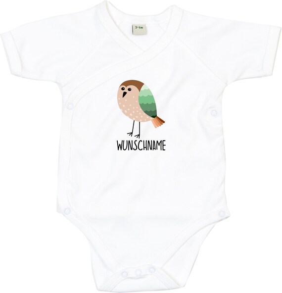 kleckerliese Wickel Baby Body "Wunschname Vogel" Babybody Strampler Wickelbody Organic Kimono Kurzarm