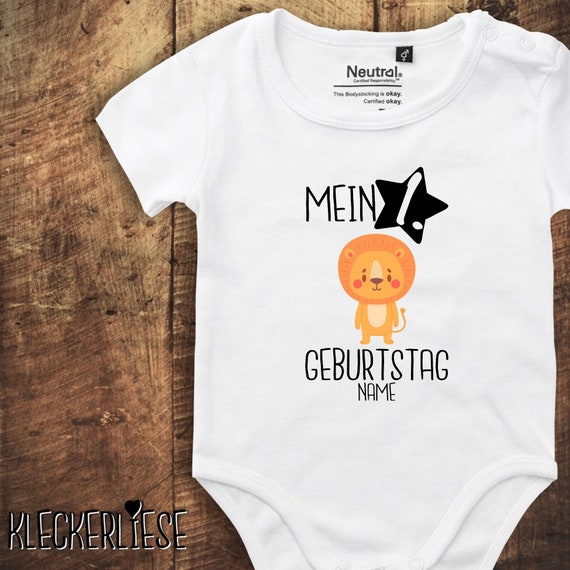 kleckerliese Babybody Body mit Wunschname "Mein 1. Geburtstag Löwe mit Wunschname" Fair Wear, Bio, Organic Baby Jungen Mädchen