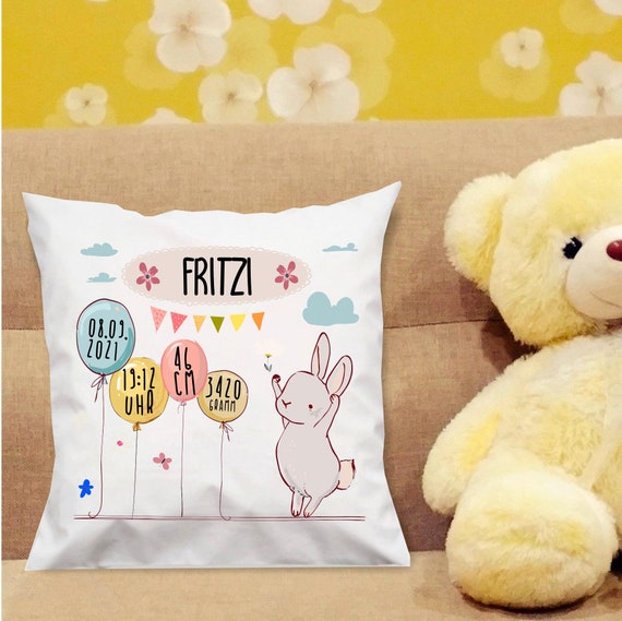 personalisierbarer Kissenbezug Hase zur Geburt mit Wunschname, Datum, Uhrzeit, Gewicht und Größe Kuschelkissen vers. Formen Geschenk Taufe
