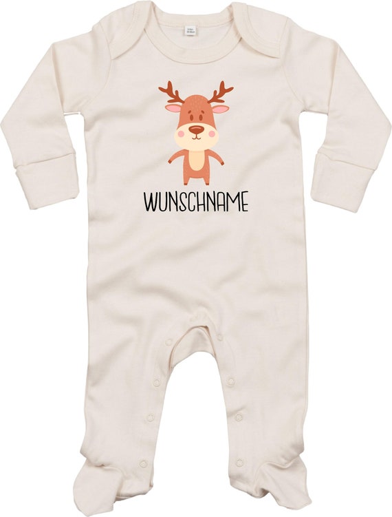 Kleckerliese Baby Schlafanzug mit Wunschnamen "Tiermotiv mit Wunschnamen Elch Reh Hirsch" Sleepsuit Langarm Einteiler Strampler