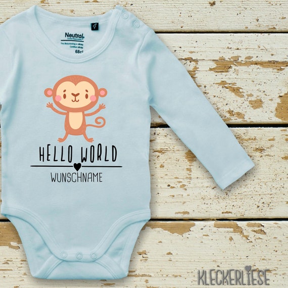 Langarm Body mit Wunschname Babybody "Hello World Affe Wunschname" Fair Wear Bio Organic