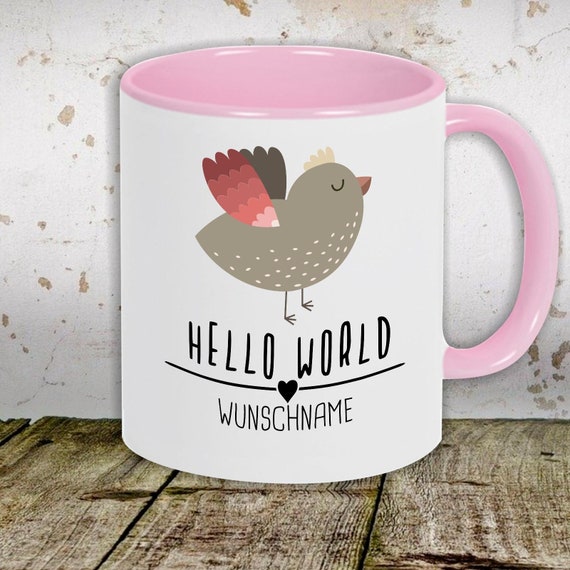 Kaffeetasse mit Wunschnamen Tasse Motiv "Hello World Vogel Wunschname" Tasse Teetasse Milch Kakao