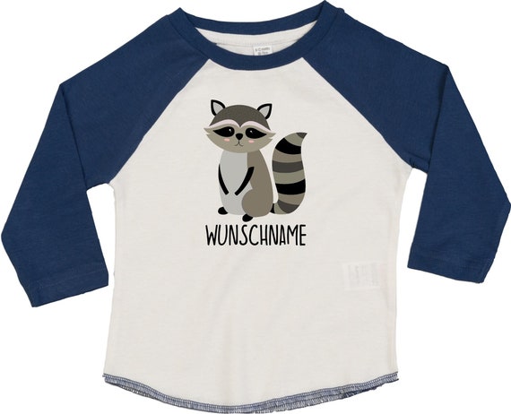 Kleckerliese Baby Kinder T-Shirt mit Wunschnamen Langarmshirt  "Waschbär" Raglan-Ärmel Jungen Mädchen