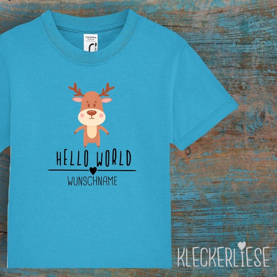 Kinder Baby Shirt mit Wunschname Kleinkind "Hello World Elch Wunschname" T-Shirt Jungen Mädchen