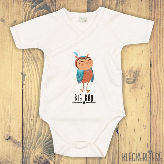 kleckerliese Wickel Baby Body "Big Bro" Tiermotive Eule Babybody Strampler Schwester Bruder Wickelbody Organic Kimono Kurzarm