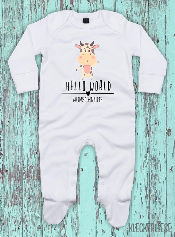 Baby Schlafanzug mit Wunschtext "Hello World Kuh Wunschname" Sleepsuit Langarm Jungen Mädchen Einteiler Strampler