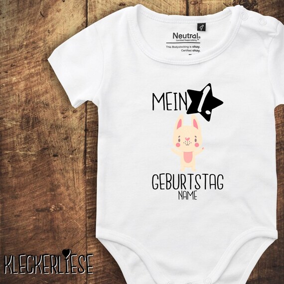 kleckerliese Babybody Body mit Wunschname "Mein 1. Geburtstag Hase mit Wunschname" Fair Wear, Bio, Organic Baby Jungen Mädchen