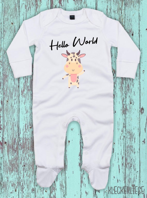 Kleckerliese Baby Schlafanzug "Hello World Kuh" Sleepsuit Langarm Jungen Mädchen Einteiler Strampler