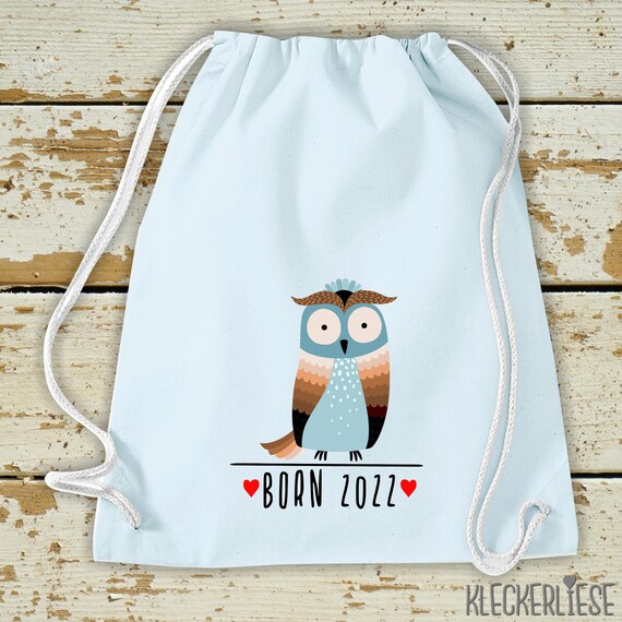 Kleckerliese Kinder Gymsack "Born 2022 Tiermotiv Eule" mit Wunschjahr Rucksack Bag Stoffbeutel Turnbeutel Tragetasche