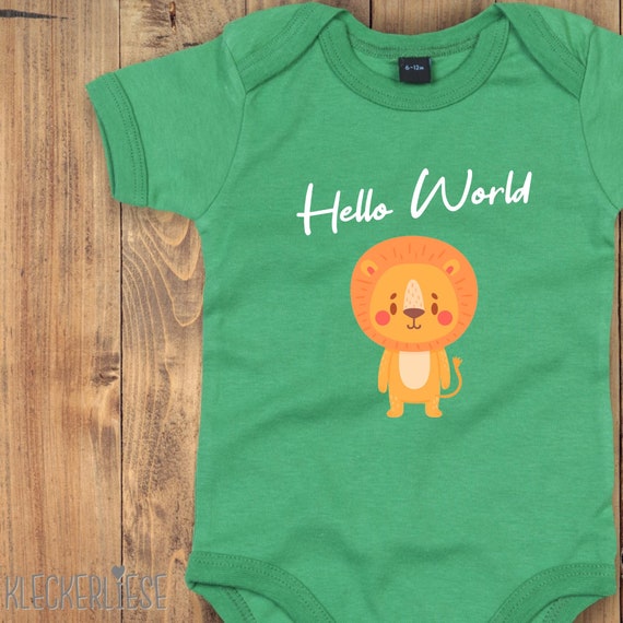 Baby Body "Hello World Löwe" Babybody Strampler Jungen Mädchen Kurzarm