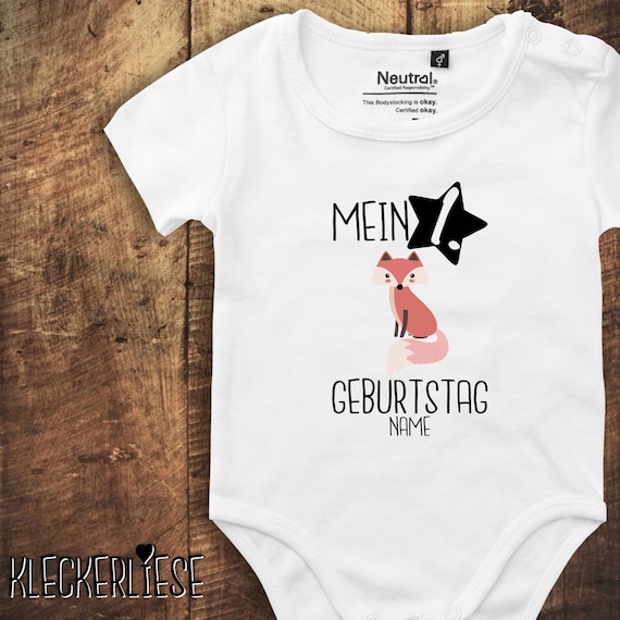 kleckerliese Babybody Body "Mein 1. Geburtstag Fuchs mit Wunschname" Fair Wear, Bio, Organic Baby Jungen Mädchen