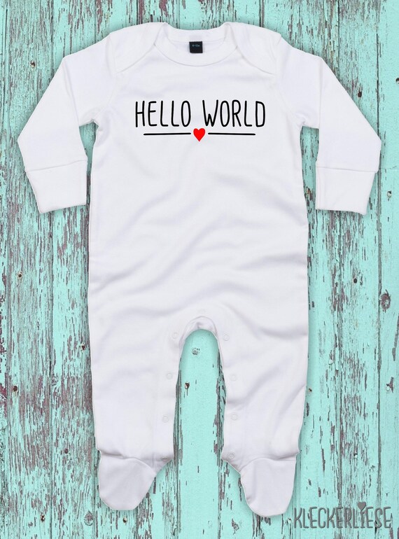 Kleckerliese Baby Schlafanzug "Hello World Herz" Sleepsuit Langarm Jungen Mädchen Einteiler Strampler