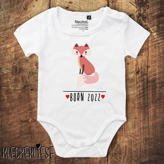 kleckerliese Babybody Body "Born 2022 Tiermotiv Fuchs" Fair Wear Jungen Mädchen Motiv Aufdruck