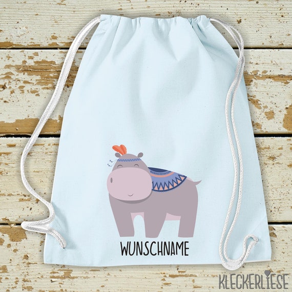 Kleckerliese Gymbeutel "Hippo mit Wunschnamen" Rucksack Bag Stoffbeutel Tragebag Kita Schule Einschulung Gymsack Wechselsachen