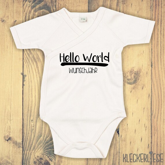 Wickelbody mit Wunschtext "Hello World Wunschjahr" Babybody Strampler Wickelbody Organic Kimono Kurzarm Baby Body