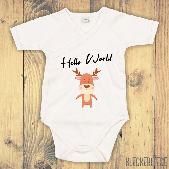 kleckerliese Wickel Baby Body "Hello World Elch" Babybody Strampler Wickelbody Organic Kimono Kurzarm