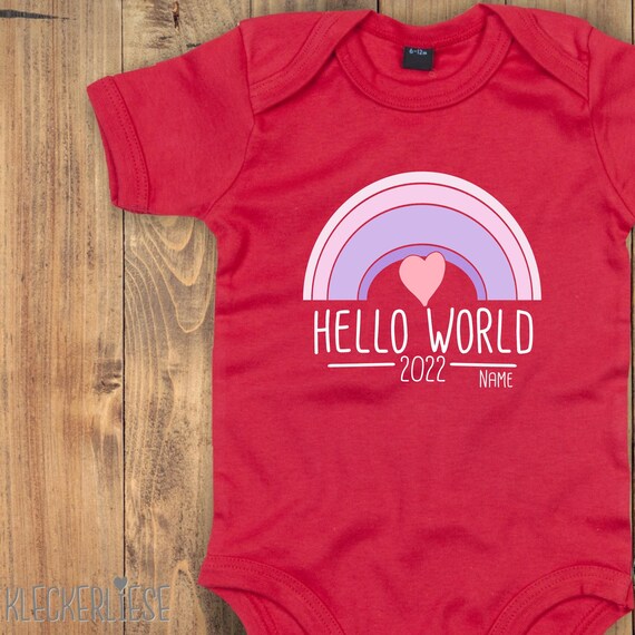 Baby Body mit Wunschtext "Hello World 2022 Regenbogen Wunschname" Babybody Strampler Jungen Mädchen Kurzarm