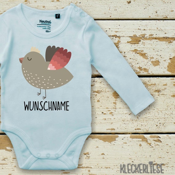 kleckerliese Langarm Babybody "Wunschname Vogel" Baby Body Jungen Mädchen Longsleeve Fair Wear