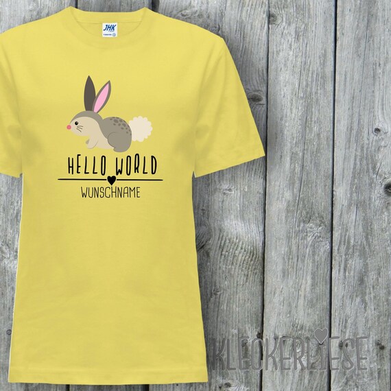 Kinder T-Shirt mit Wunschname "Hello World Hase Wunschname" Shirt Jungen Mädchen Baby Kind