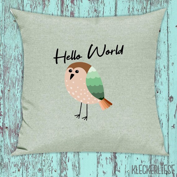 kleckerliese Kissen "Hello World Vogel" Kissenhülle Deko Sofa Hülle Kissenbezug