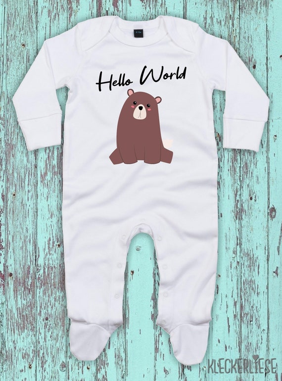 Kleckerliese Baby Schlafanzug "Hello World Bär" Sleepsuit Langarm Jungen Mädchen Einteiler Strampler