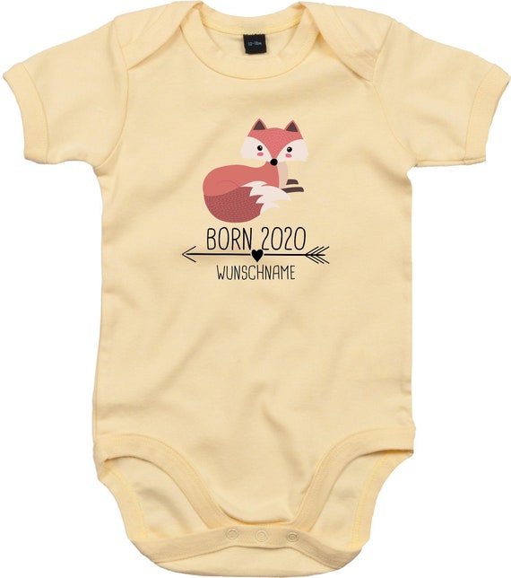 kleckerliese Baby Body "Born 2020 Tiermotiv Pfeil Wunschname Name Text Fuchs" mit Wunschtext oder Name  Strampler Jungen Mädchen Kurzarm