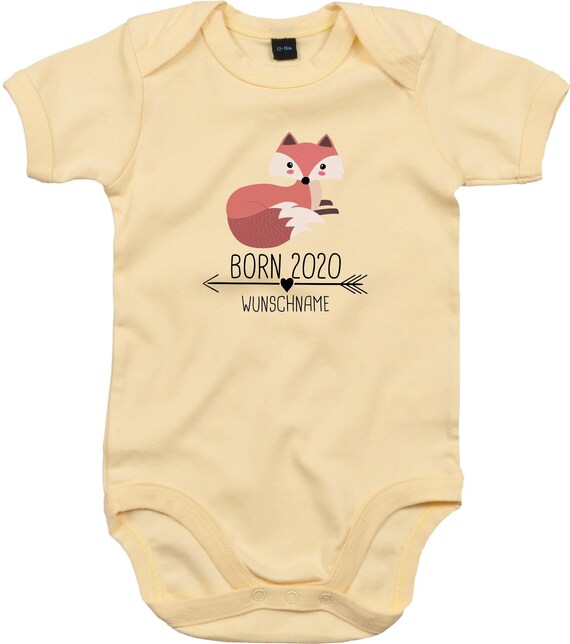 kleckerliese Baby Body "Born 2020 Tiermotiv Pfeil Wunschname Name Text Fuchs" mit Wunschtext oder Name  Strampler Jungen Mädchen Kurzarm