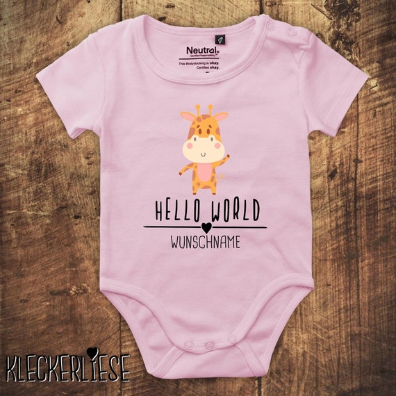 kleckerliese Babybody Body mit Wunschname "Hello World Giraffe Wunschname" Fair Wear, Bio, Organic Baby Jungen Mädchen