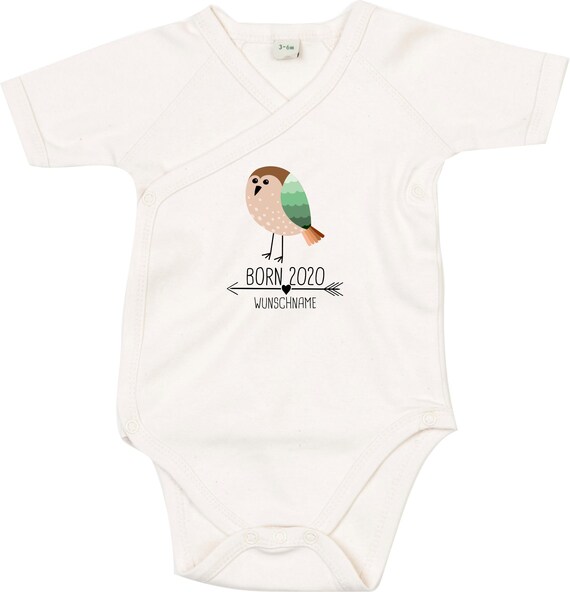 kleckerliese Wickel Baby Body "Born 2020 2021 2022 Tiermotiv Wunschname Name Vogel" Babybody Strampler Wickelbody Organic Kimono Kurzarm