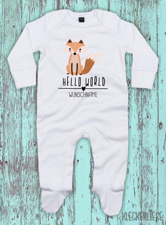 Baby Schlafanzug mit Wunschtext "Hello World Fuchs Wunschname" Sleepsuit Langarm Jungen Mädchen Einteiler Strampler