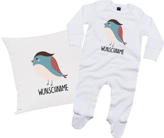 kleckerliese Geschenkset Geburt Kissen Schlafanzug mit Tiermotiv "Vogel" Fair Wear mit Kissenfüllung