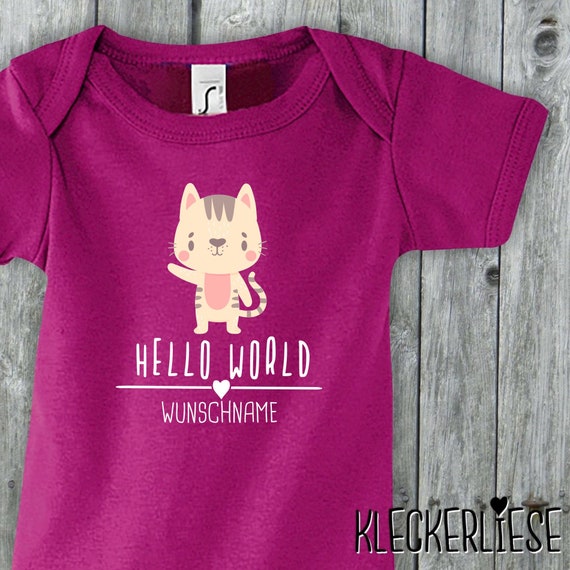 Baby Body mit Wunschname "Hello World Katze Wunschname" Babybody Strampler Jungen Mädchen