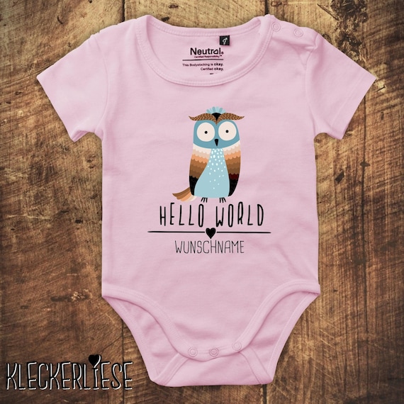 kleckerliese Babybody Body mit Wunschname "Hello World Eule Wunschname" Fair Wear, Bio, Organic Baby Jungen Mädchen