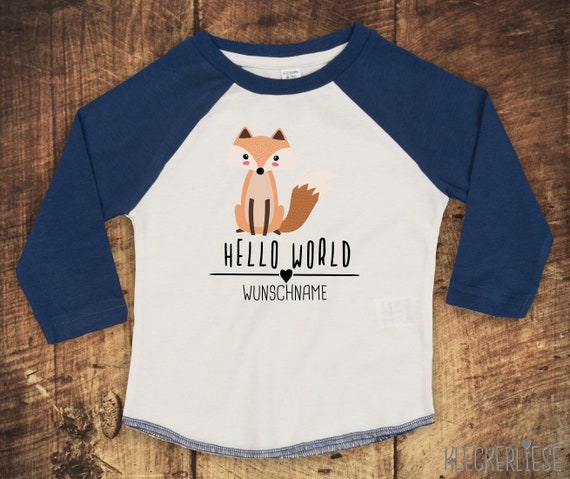 T-Shirt Langarmshirt mit Wunschname "Hello World Fuchs Wunschname" Raglan-Ärmel Jungen Mädchen Baby Kinder