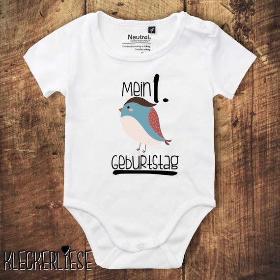 kleckerliese Babybody Body "Mein 1. Geburtstag Vogel" Fair Wear, Bio, Organic Baby Jungen Mädchen