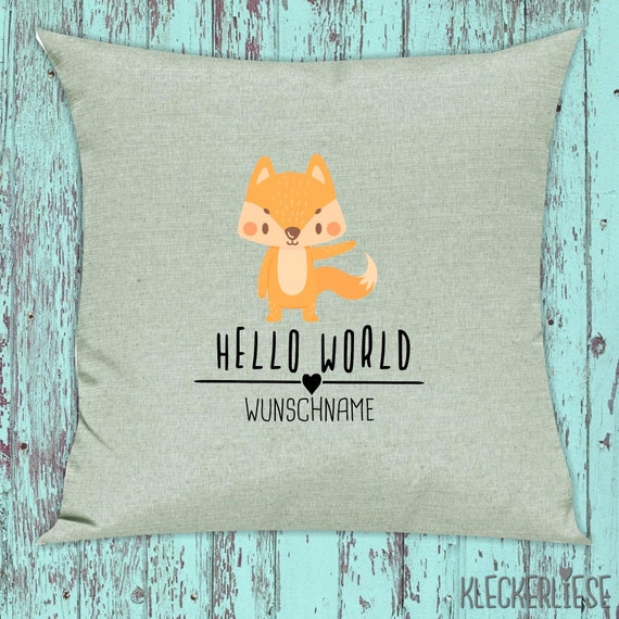 kleckerliese Kissen mit Wunschname "Hello World Fuchs Wunschname" Kissenhülle Deko Sofa Hülle Kissenbezug