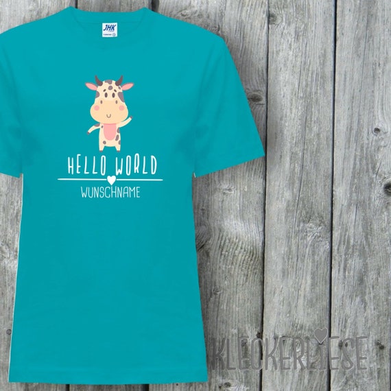 Kinder T-Shirt mit Wunschname "Hello World Kuh Wunschname" Shirt Jungen Mädchen Baby Kind